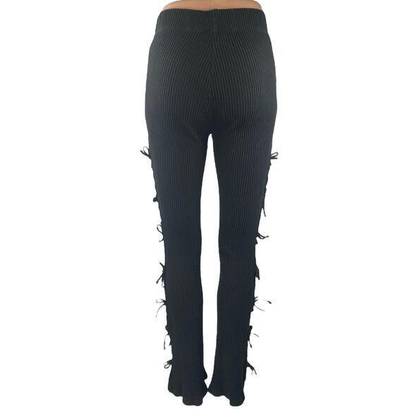 White Fox Women's Black Rib Knit Cutout Knot Side Flared Trousers Pants Size S - Picture 4 of 6